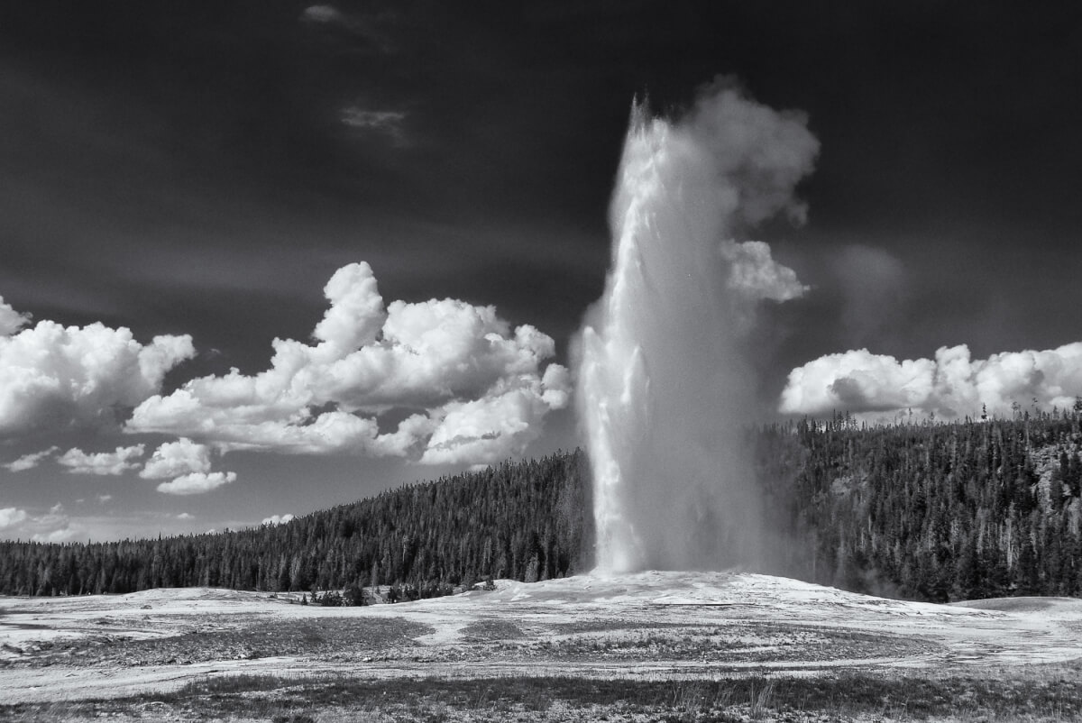 Photo noir et blanc de l'éruption du geyser Old Faithfull dans le parc du Yellowstone