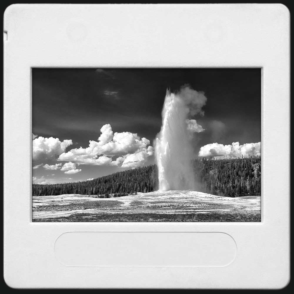 Photo noir et blanc de l'éruption du geyser Old Faithfull dans le parc du Yellowstone