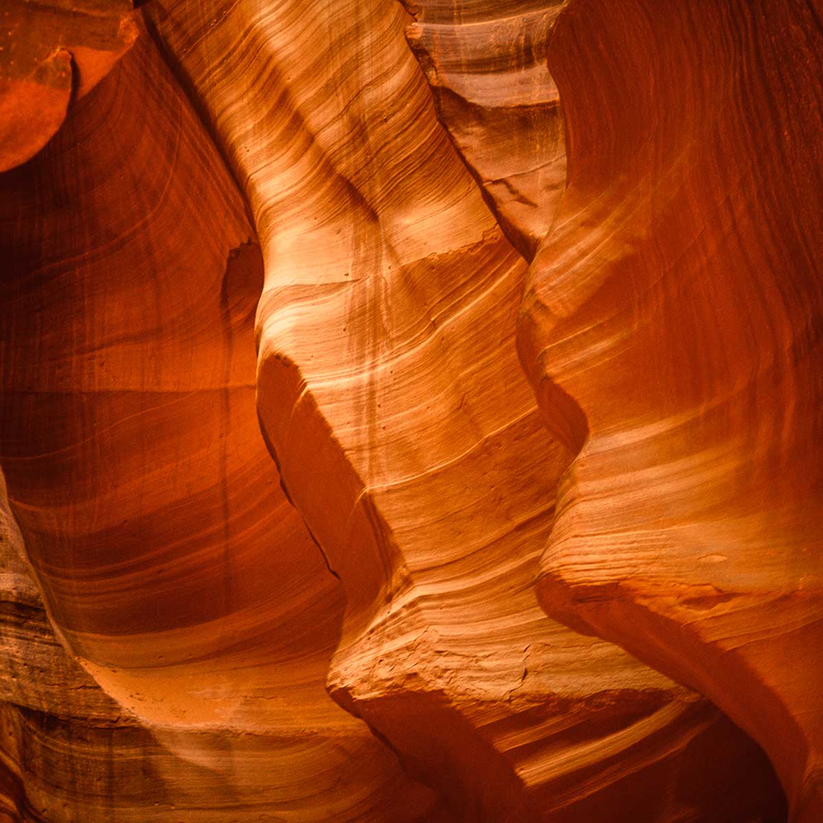 Photo en couleur de Antelope Canyon et ses formations rocheuses rouge vermillon sculptées par le vent