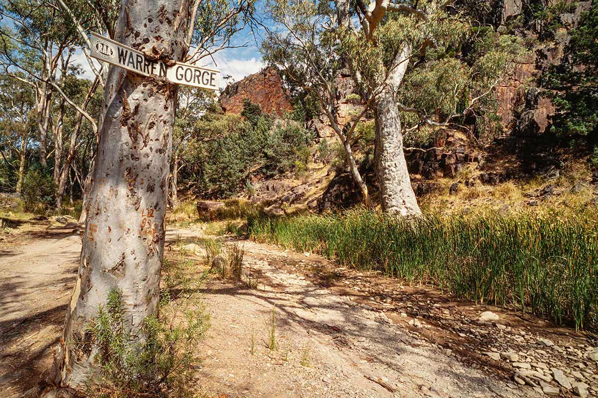 Warren Gorge with RAA (Royal Automobile Association) road sign, Australia