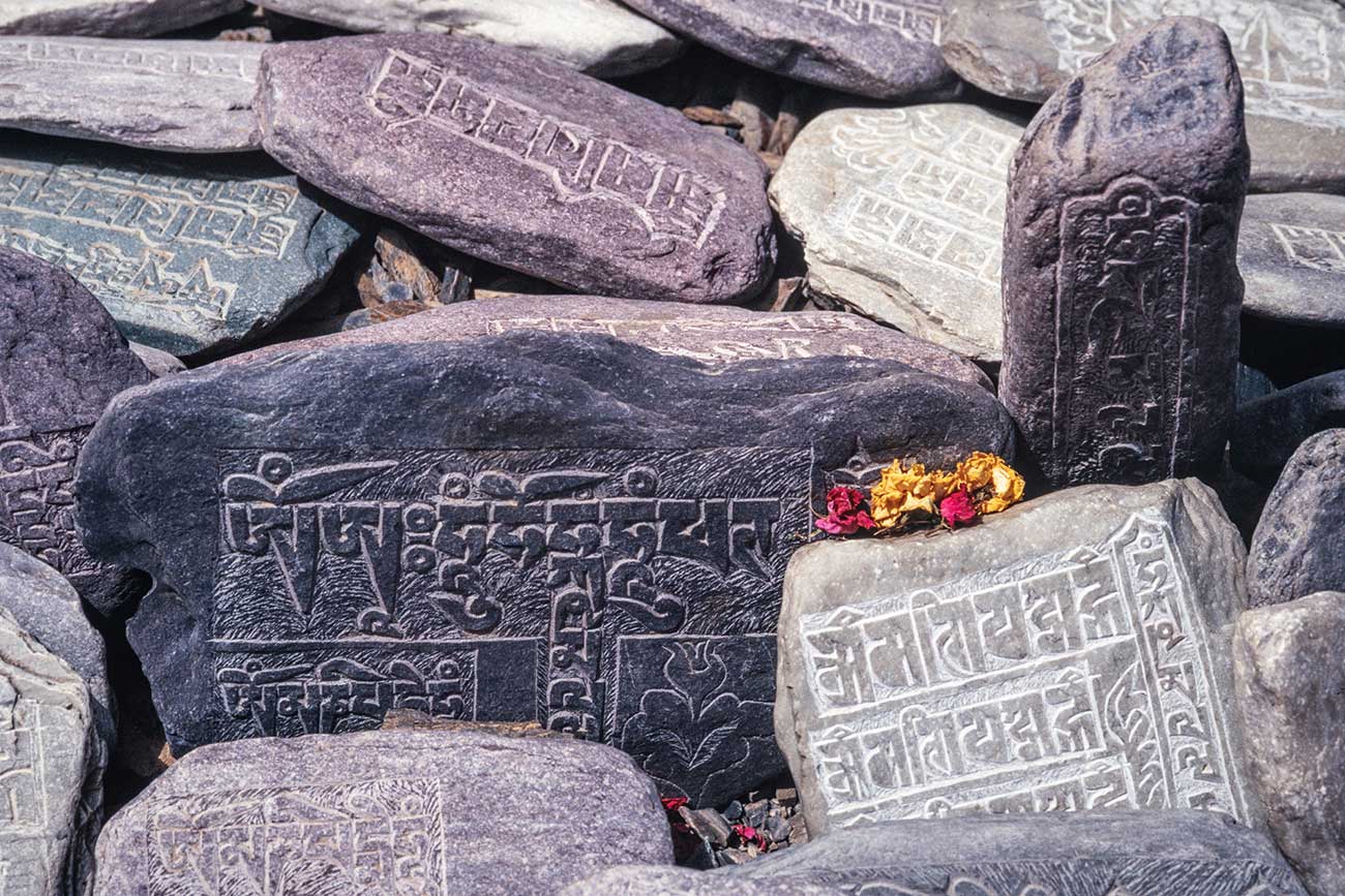 Mantras on prayer stones all over Ladakh